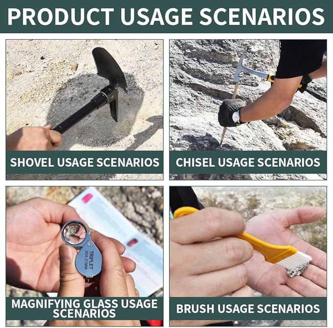 16 PCS Geology Rock Pick Hammer Kit, 22oz Hammer & 3 PCS Digging Chisels Set for Rock Hounding, Gold Mining & Prospecting Equipment Tool Gear Shovel Musette Backpack,Magnifying Glass, Goggles,Whistle