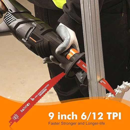 5 Pack 9 Inch 6/12 Tpi Reciprocating Saw Blades for Wood and Nail-Embedded Wood Cutting, Bi-Metal Sawzall Blades with 8% Cobalt for Longer Life and Faster Cutting Speed