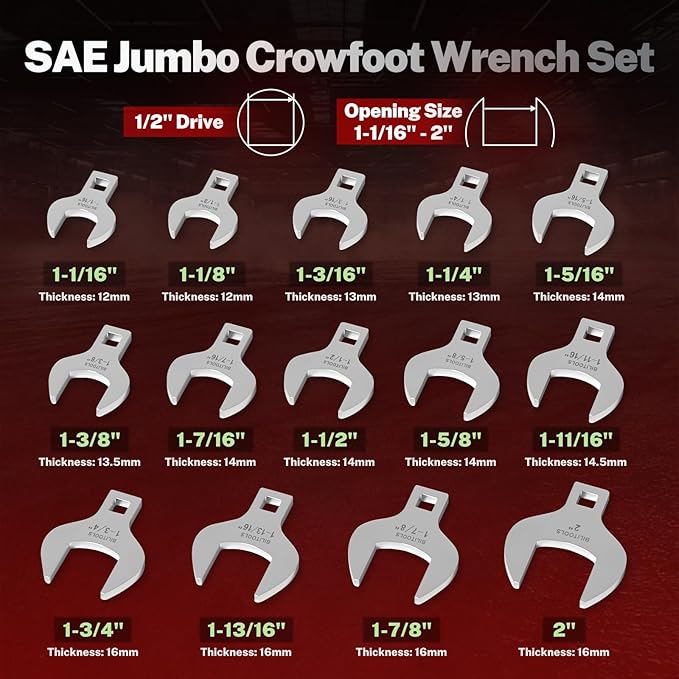 BILITOOLS 14-Piece Jumbo Crows Foot Wrench Set, 1/2" Drive Big Crowfoot Wrench, SAE, 1-1/16" - 2" mm, CR-V Steel