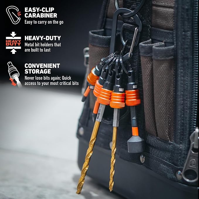 Railer Bit Holder Keychain 5pc - 1/4 inch Hex Shank Bit Holders - Quick Release Bit Holder for Nut Driver, Screwdriver & Drill Bits w/Key Chain Carabiner