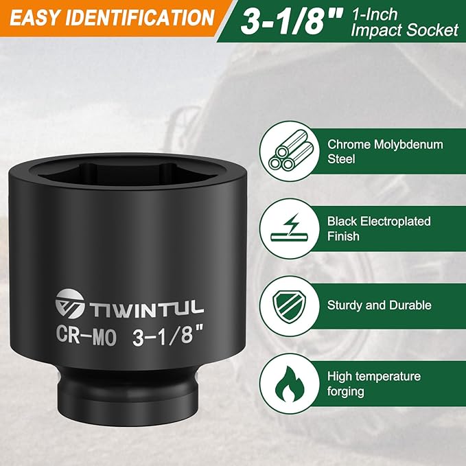 3-1/8" Impact Socket 1" Drive, Deep 6 Point CR-MO Heavy Duty Socket, Single Axle Nut Socket for Semi-Truck, Construction, Oilfield & Wind Power Maintenance, ANSI Certified