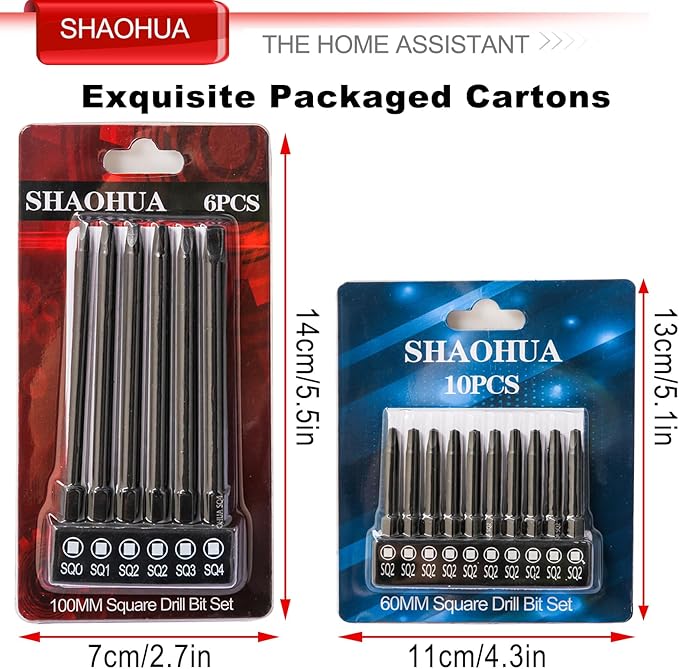 16PCS Magnetic Screwdriver Bits, 6PCS SQ0/1/2/3/4 Square Drive Bits(3.93Inch) and 10PCS SQ2 Square Screwdriver Bit (2.36Inch), 1/4 Hex-Shank Pocket Hole Screw Drill Bit, S2 Steel Long Screwdriver Bits