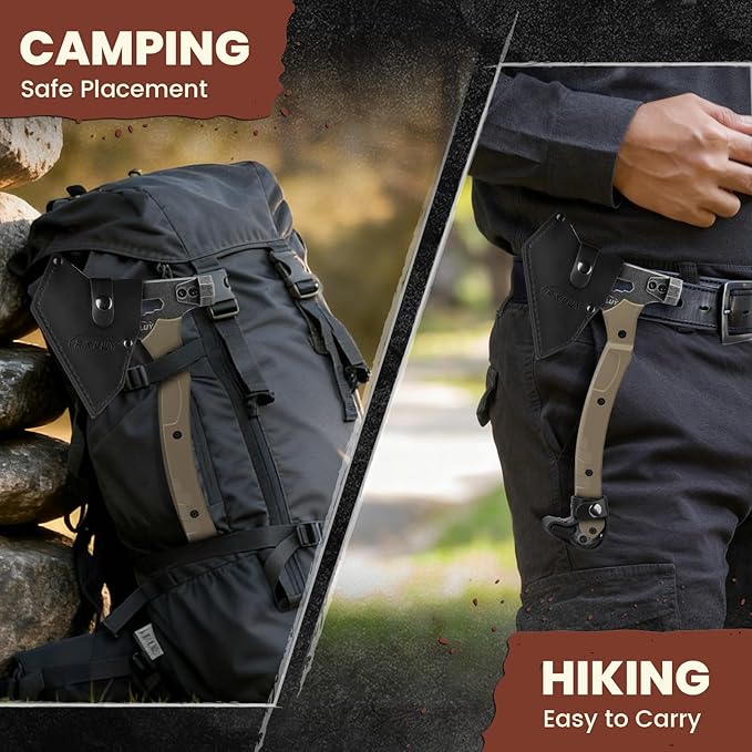 Tactical Axe with G10 Handle Camping Survival Hatchet, Multifunctional Hiking Outdoor Heavy Duty Full Tang Tomahawk Tools with Hammer, Unique Design Crowbar, Leather Sheath (Gray)