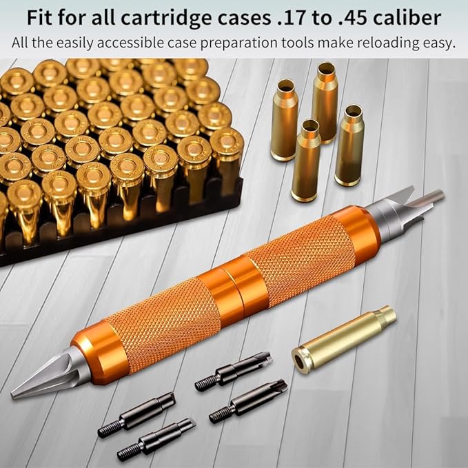 Ludex Case Prep Multi-Tool for Case Trimmer, Crafting Case Pocket Cleaner, Reamer and Chamfer Deburring Tools -Reloading Tool for .17 to .45 Caliber (orange color)