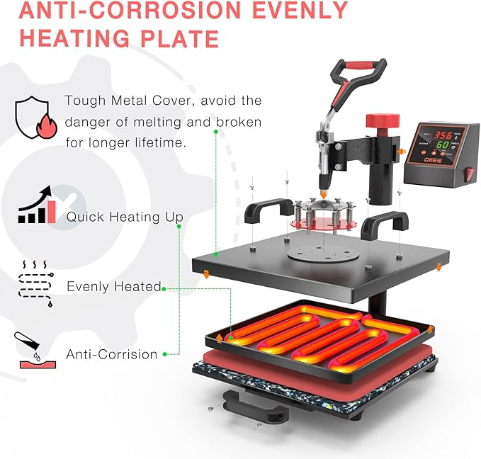 OIIEE Heat Press Machine 5 in 1 Combo Heat Press 15 x 15 Inch Heat Transfer Machine 360-Degree Swing Away Digital Shirt Printing Multi-function Heat Transfer Sublimation for T Shirts Mug Hat Plate Cap