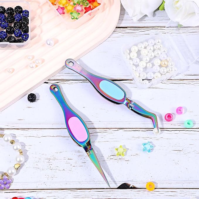 2PCS Stainless Steel Reverse Tweezers for Crafting, Soft Grip Tweezer for Crafting DIY with Curved and Straight Tips, Pointed Needle Nose for Jewelry Making Beading Angled Tweezers