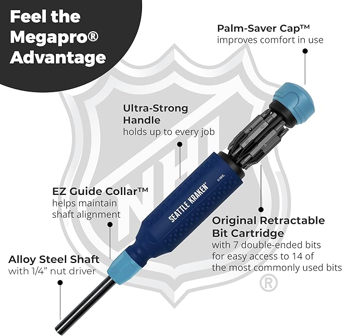 MEGAPRO짰 NHL짰 Team Edition Multi-bit Screwdriver | Officially Licensed NHL짰 Gear | Durable, Ergonomic, Pro-Grade Screwdriver (Seattle Kraken짰)
