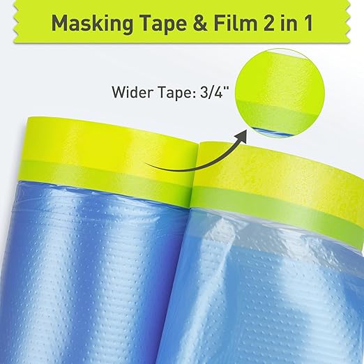 Pre-Taped Masking Film for Painting - 44" x 66' Painters Plastic Sheeting with Automotive Paint Tape and Drape for Covering Cars, Walls, Windows and Furniture Protection (2 Rolls)