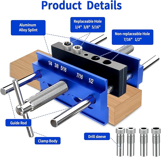 Self Centering Dowel Jig Kit, Drill Jig for Straight Holes Biscuit Joiner Set, Adjustable Drilling Guide Wood Working Tools with 3 Drill and 6 Drill Guide Bushings, Wood Doweling Jig for Woodworking