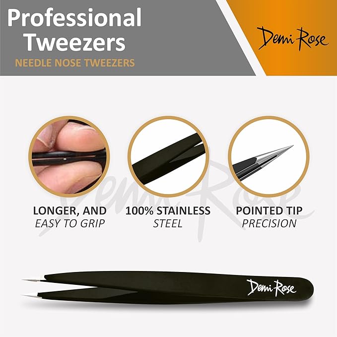 Pointed Tweezers - High Carbon Stainless Steel Fine Point Precision Tweezers for Ingrown Hair Removal - Perfectly Aligned Hand Filed Sharp Tweezer - Needle Nose Tweezers (Black)