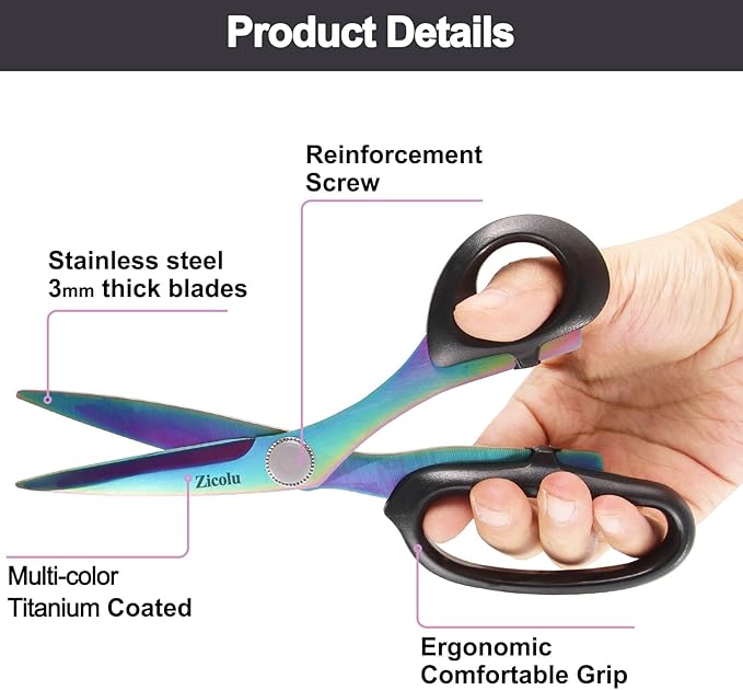 8" Fabric Scissors, All Purpose Heavy Duty and Sharp, Professional Sewing Scissors for Cutting Clothes, Leather, Paper. Titanium Coating Tailor Shears for Dressmaker, Home, Office.