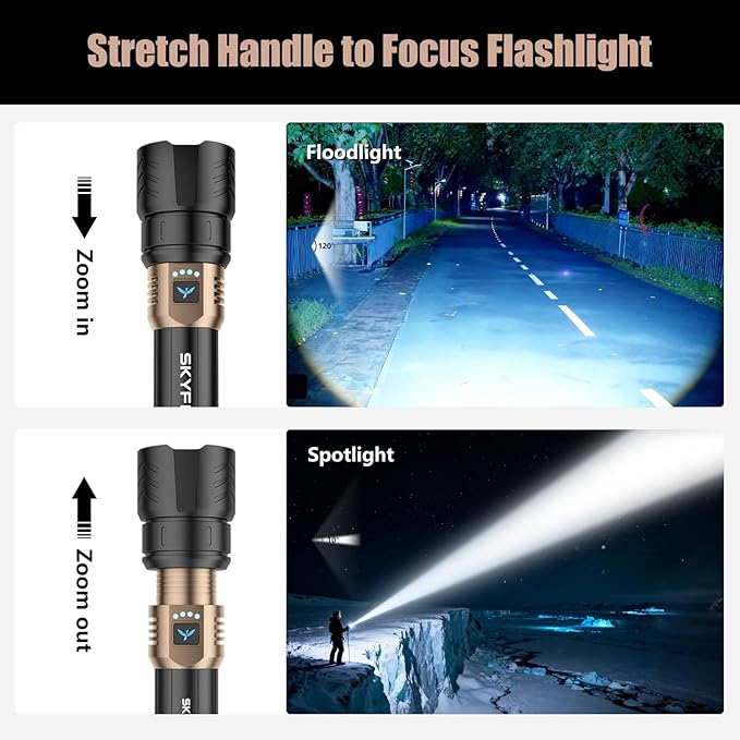 SKYFIRE Rechargeable Flashlights High Lumens with Ignition Lens&White Yellow Blue Light,10000mAh LED Super Bright Flashlight,Zoomable,4 Modes,Waterproof Tactical Flash Light for Outdoor,Home &Gift