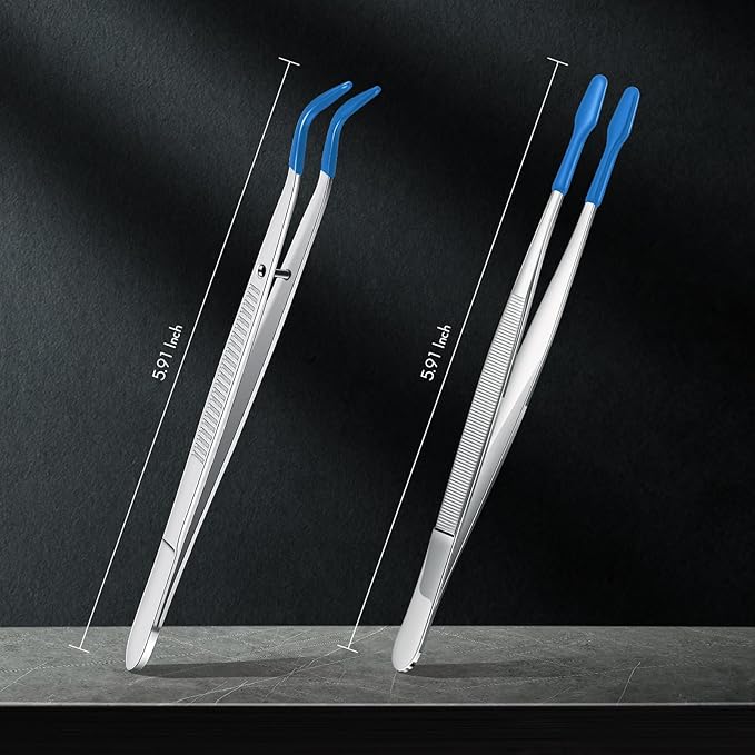 2 Piece Tweezers with Rubber Tips Set - Bent and Straight Flat Tips Tweezers PVC Coated for Stamp Coins Jewelry Crafts, Electronics(Silver, Blue)