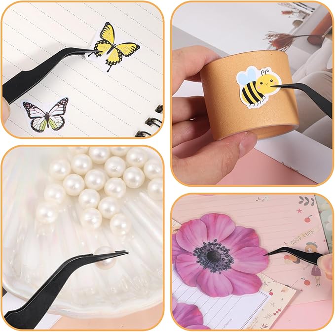 9 Pieces Craft Tweezers, Stainless Steel Sticker Tweezers Black Curved Pointed Craft Tweezer Multipurpose Precision Tweezer for Jewelry Making, Scrapbooking, Eyelash Extension