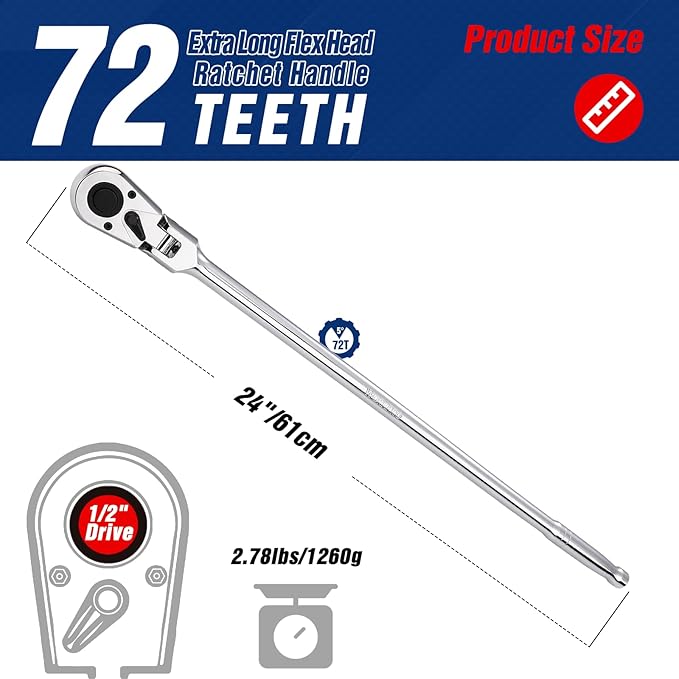 WORKPRO 1/2 inch Drive Extra Long Flex Head Ratchet, 24 Inch Long CR-V Steel Ratchet Handle with Chromium Plating, CR-MO Head, Quick Release Reversible Design, 72-Tooth