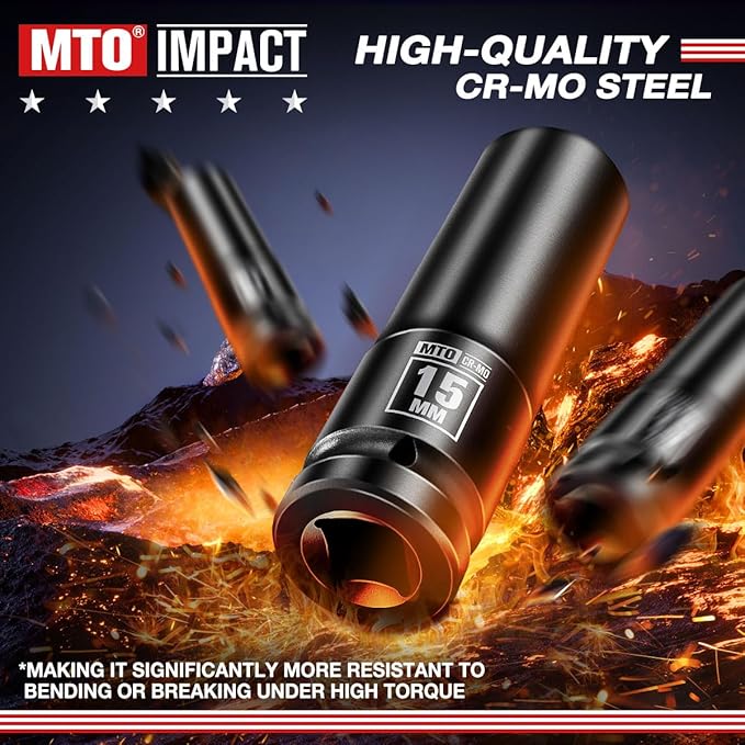 MTO 1/2" Drive 15mm Deep Impact Socket, 6 Pt. Metric Socket, CR-MO Steel & Anti-Corrosion Coating for Heavy-Duty Use