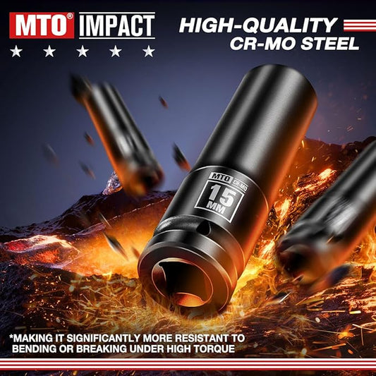 MTO 1/2" Drive 15mm Deep Impact Socket, 6 Pt. Metric Socket, CR-MO Steel & Anti-Corrosion Coating for Heavy-Duty Use
