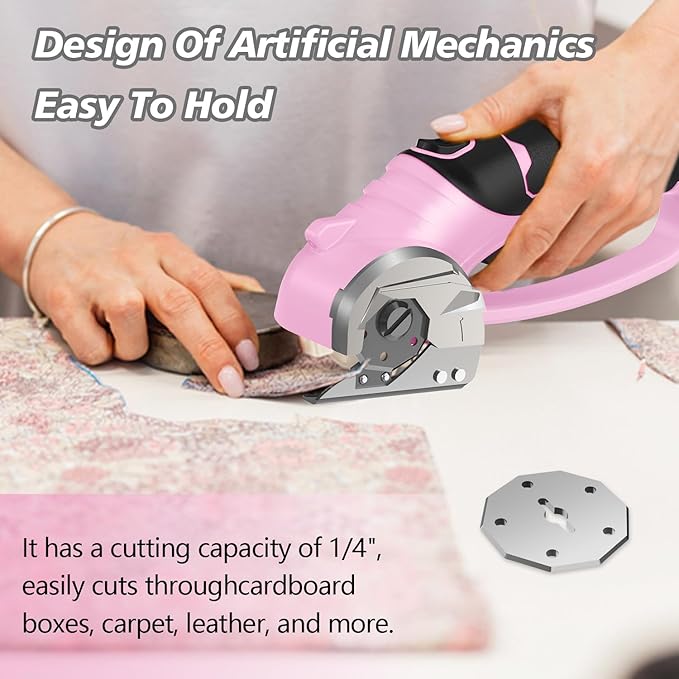 Cordless Electric Scissors, 4V Rechargeable Box Cutter & Cardboard Cutter with LED Light, Safety Lock - Rotary Cutter for Fabric, Leather, Carpet, Plastic, Crafting, Sewing with Storage Box (Pink)
