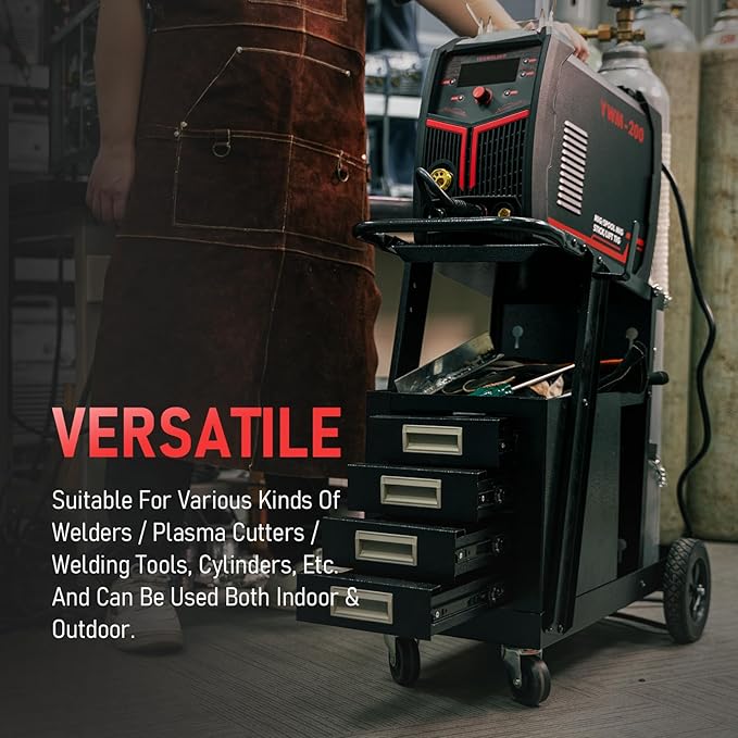 YESWELDER Welding Cart with 4 Drawers for MIG Welder TIG Welder and Plasma Cutter, Heavy Duty Large Storage 360째 Rolling Welding Trolley