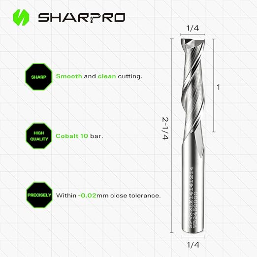 Spiral Upcut Router Bit 1/4 Inch Shank 1/4 Inch Cutting Dia. 1'' CL. Extra Long 2-1/4'' OVL. Solid Carbide Up Cut 1/4 CNC Router Bits, Ideal for Wood Inlay, Plunge Plastic