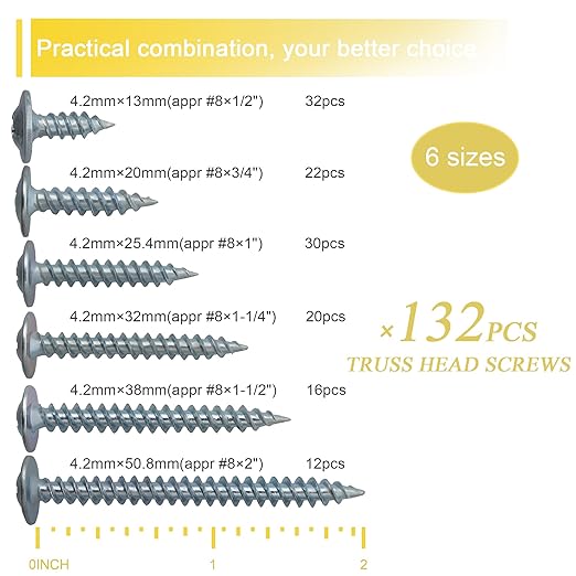 #8 Modified Truss Head Wood Screws Assortment Kit, 132 pcs, Phillips Drive, Wood Screws, Screws Assortment, Screws, Screws Set, 6 Sizes (1/2?? 3/4?? 1?? 1-1/4?? 1-1/2?? 2??