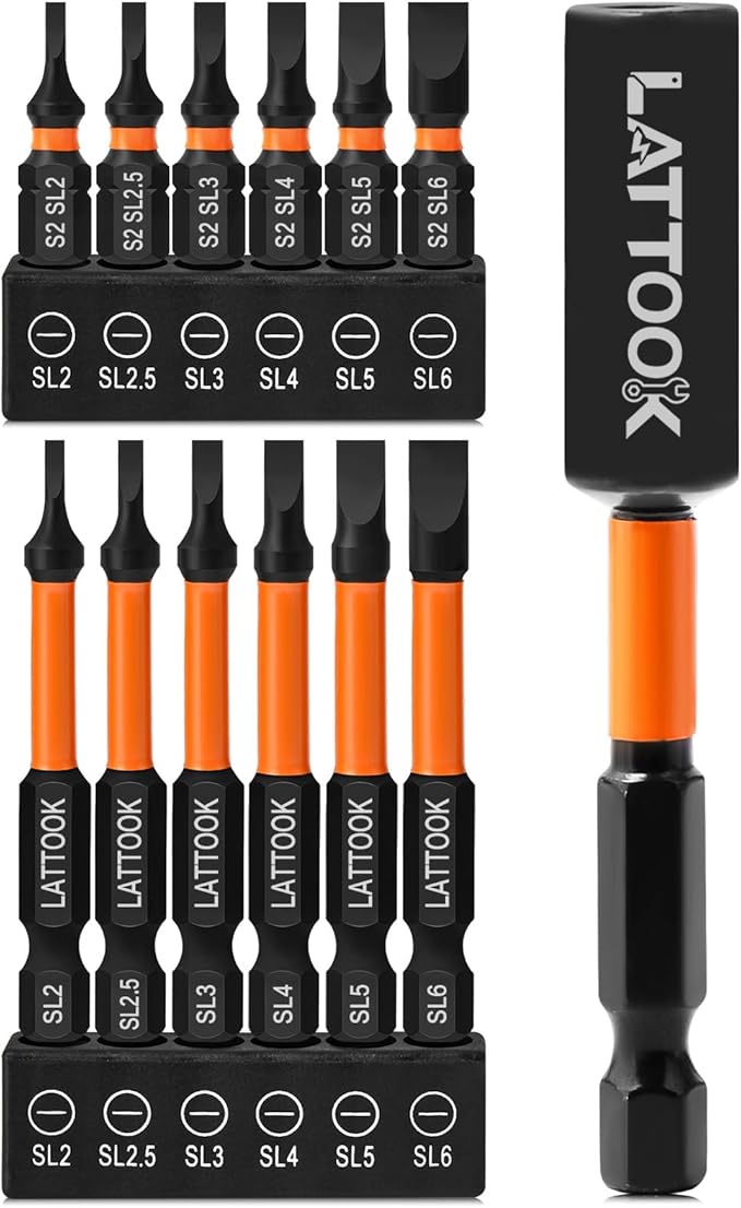 13-Pieces Impact Slotted Bit Set, LATTOOK 1/4'' Hex Shank Slotted Screwdriver Bit Set Flat Head Bits, Magnetic S2 Steel, 2.3'' & 1'' Long, SL2, SL2.5, SL3, SL4, SL5, SL6