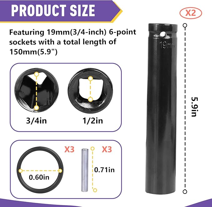 2PCS 19mm Socket Tool 3/4" Truck Cage Bolt, Compatible with Truck Air Brakes with 800921 Cage Bolt, Extra Deep 3/4" Socket 1/2" Drive, with Three Rubber Rings and Three Metal Bars
