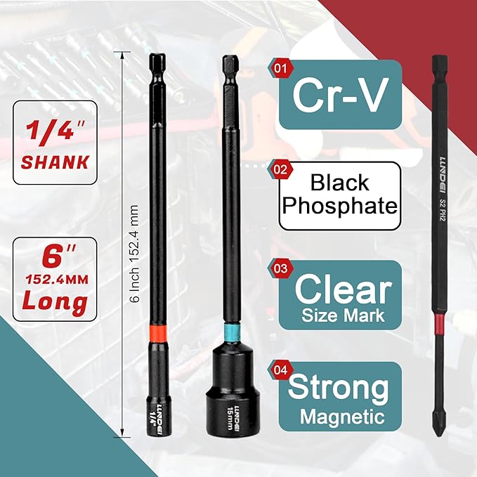 LLNDEI 23PCS Magnetic Nut Driver Set | Full Size 6-Inch Long Nut Driver Set | Metric 6-15mm, SAE 1/4"-9/16" | 1/4" Hex Shank | Long Power Bits, PH1, PH2, SL5, T20 | Cr-V Steel