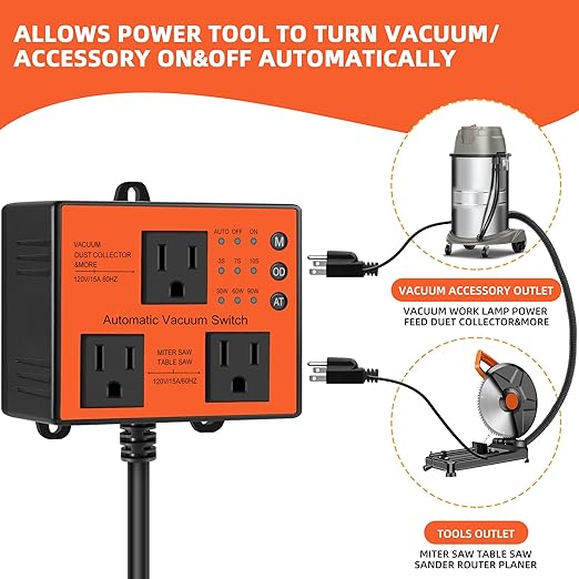 Automatic Vacuum Switch, Autoswitch for Dust Collector Woodworking Shop Miter Saw,120V/15A, Auto/On/Off 3Modes, Adjustable Delay Shutoff