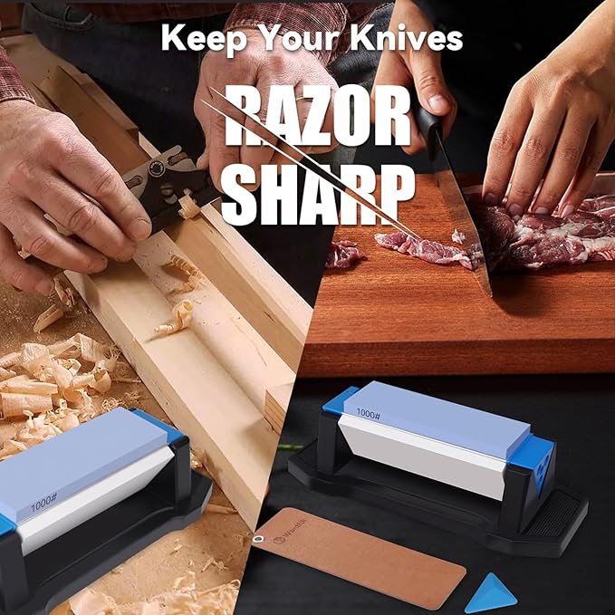 Knife Sharpening Stone, 3 Sides Grit 400/1000/5000, Whetstone Knife Sharpener with Non-Slip Base, Angle Guide & Leather Strop, for Kitchen Knives and Pocket Knives and More