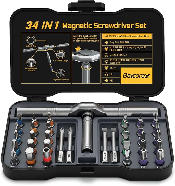34 in 1 Magnetic Ratchet Screwdriver Set,Multi Bit Ratcheting Screw Driver kit,Precision Precision Screwdriver Case,Portable Compact Tool Kit for Home Repairs, Electronics,Furniture,Bicycle