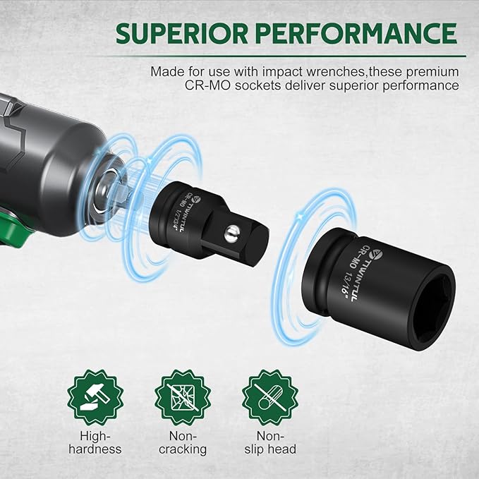 3/4" Drive Shallow Impact Socket Set, 16PCS 6-Point SAE (3/4??to 1-13/16??, 13/16??Square Socket, Heavy Duty Impact Socket Set with 1/2"F to 3/4"M Adapter for Auto, Truck, Large Equipment
