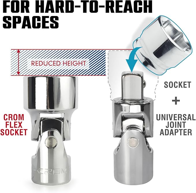 CROM Universal Flex Socket Set - 1/4 Inch Drive 6-Point 12-Piece Swivel Socket Set from 5mm to 15mm Metric - Swivel Joint for Easier Access to Tight Spaces - Aluminum Storage Rail Included