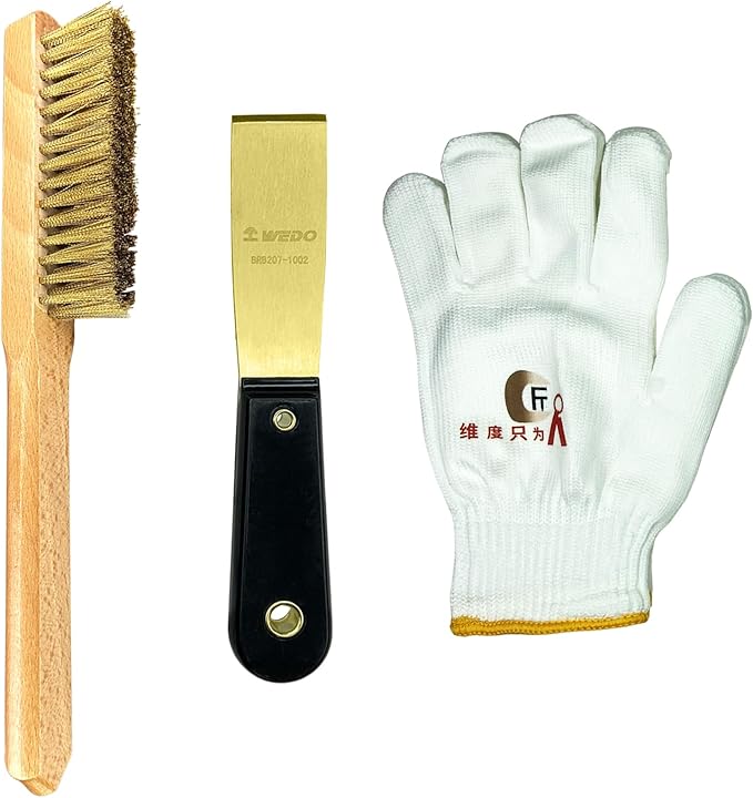 WEDO 3pcs Brass Putty Knife Set, 1-1/4" Paint Scraper with Bakelite Handle, 11" Brass Wire Brush,A Pair of Gloves,Painters Knife, Scraper Tool for Plaster Scraping Drywall Finishing