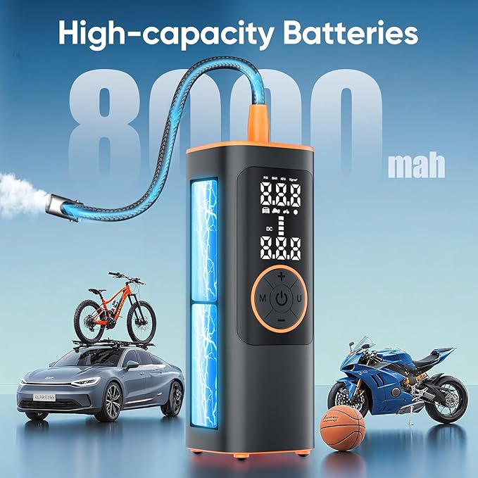Tire Inflator Portable Air Compressor, 150PSI Cordless & 12V DC Dual Power Tire Pump for Car Tires,Bike,Motorcycle, 8000mAh Battery, Digital Pressure Gauge, Auto Shut-Off & Emergency LED Light