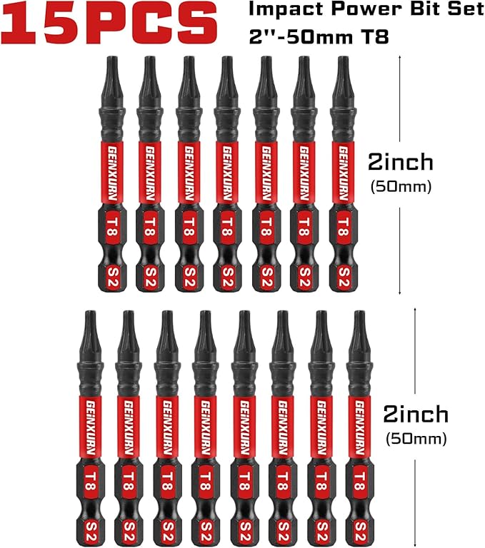 15 Pieces T8 Impact Tough Magnetic Screwdriver Bit Set, 2 In. #8 Torx Head power Bit Set, S2 Alloy Steel T8 Star Bit