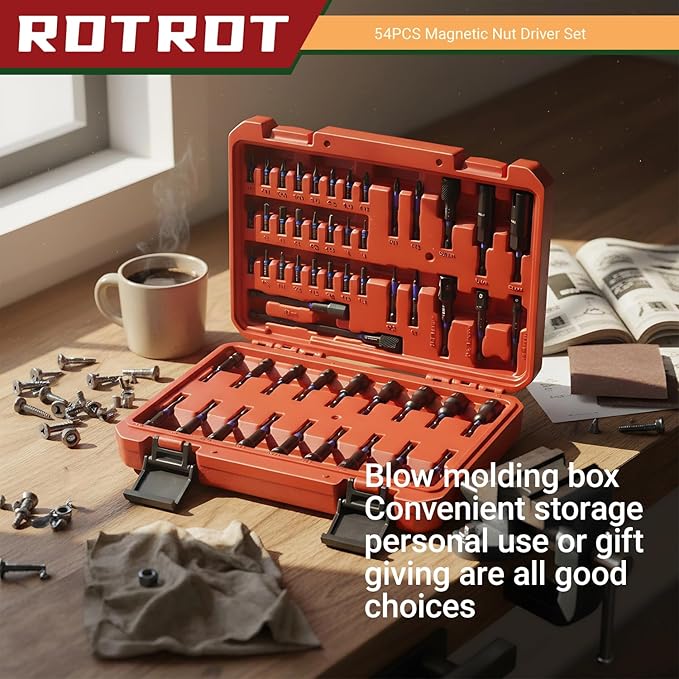 54-Piece Magnetic Nut Driver Set, Impact Drill Driver Bit 1/4", Metric & SAE Nut Drivers for Impact Drill, Socket Adapters, Screwdriver Bit, Quick-Release Extension, Wing Nut Driver, Storage Box