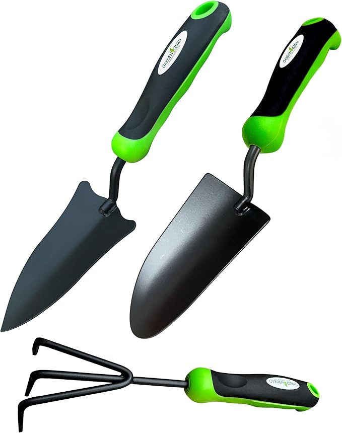 Garden Guru Garden Tool Set 3pc Hand Trowel Transplanter Cultivator ??Heavy Duty Rust Resistant Carbon Steel - Ergonomic Comfort Grip Handle ??Perfect Gardening Tool Kit Gifts for Women & Men