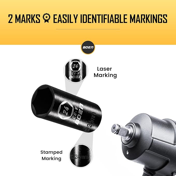 BOEN 1/2" Drive Deep Impact Sockets,Premium Impact Socket,24mm Socket,Metric,6 Point,Cr-V Steel with Laser Marking - Strong and Durable