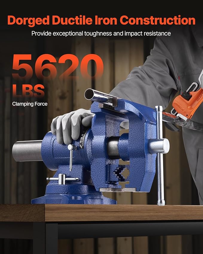 VEVOR Heavy Duty Bench Vise, 6-1/2" Jaw Width, 5" Max Jaw Opening Multi-Purpose Ductile Iron Bench Vise with Anvil, 360째 Swivel Base Head, 3" Throat, 5620 lbs Clamp Force, for Pipe Repairing
