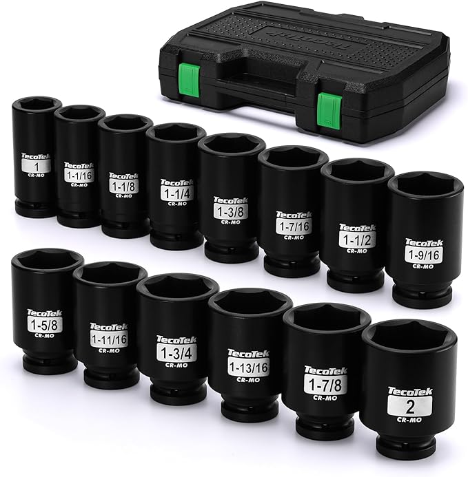 3/4" Drive Deep 6-Point Impact Socket Set, 14-Piece Heavy Duty Impact Socket Set, Cr-Mo, SAE (1" to 2"), for Large Vehicle and Apparatus Maintenance