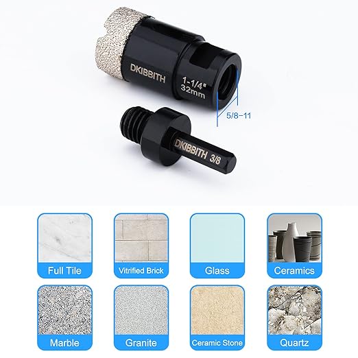 Dry Diamond Core Drill Bits 1-1/4 Inch (32mm) Tile Hole Saws for Porcelain Ceramic Tile Granite Marble Stone Brick Diamond Hole Saw with 5/8-11 Thread and 3/8inch Hex Shank Adapter
