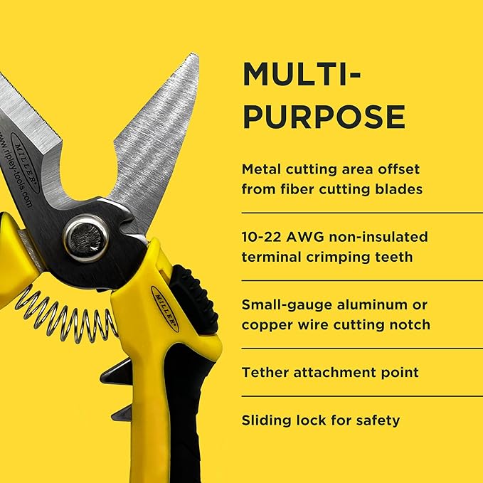 Miller Multi-Purpose KS-3 Angle-Head Fiber Optic Kevlar Scissors, Crimper, and Cable Cutter For Electricians, Technicians, and Linemen