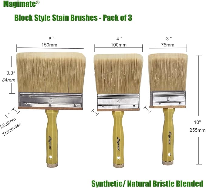 Deck Stain and Sealer Block Paint Brushes on Wood, Walls, Furniture, Shed and Fence, Large and Thick Bristle Paint Brushes, 3-inch, 4-inch and 6-inch Assortment, Set of 3