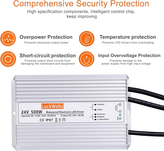 LED Driver 24V500W Waterproof Power Supply AC90-130V to DC24V20.8A Low-Voltage IP67 Transformer Suitable for Street Lights Lawn Lights LED Outdoor Landscape Lighting Waterproof Transformer