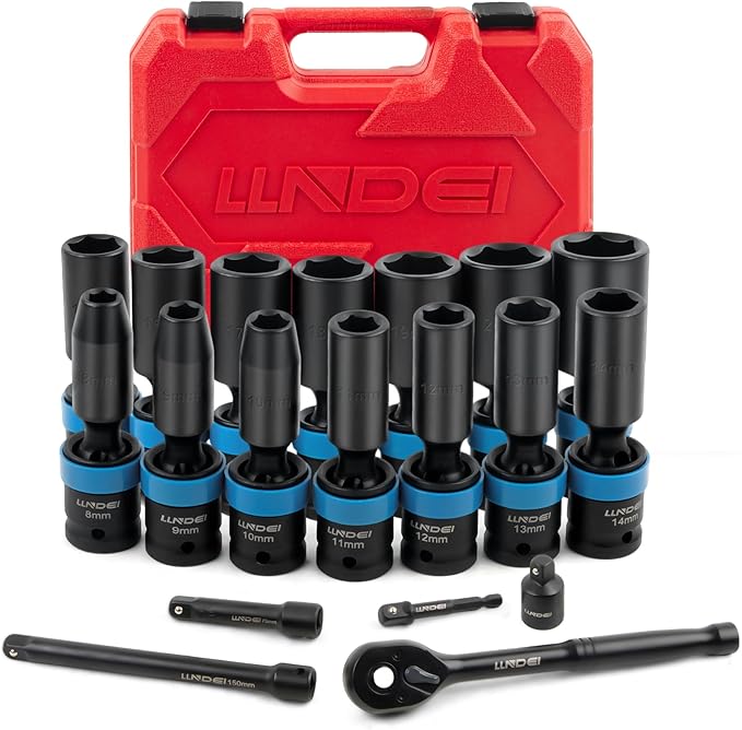 LLNDEI 3/8" Drive Swivel Socket Set, 19PCS Deep Universal Impact Socket Set, Metric(8mm-22mm) Premiun Wobble Socket Set, CR-MO Steel,3"& 6" Extension Bar, Ad