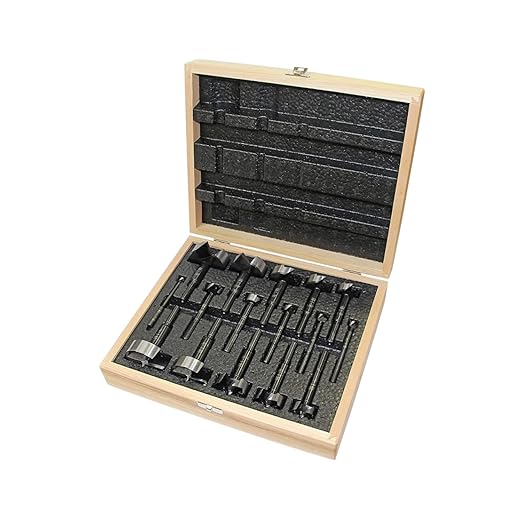 Fisch Black Shark Forged Steel Forstner Drill Bit for Woodworking, Precision Wave Design, Clean Cuts in Hardwoods, MDF, and Plywood, Made in Austria, 16 Pcs. Set Inc.(1/4" to 2-1/8") in a Box