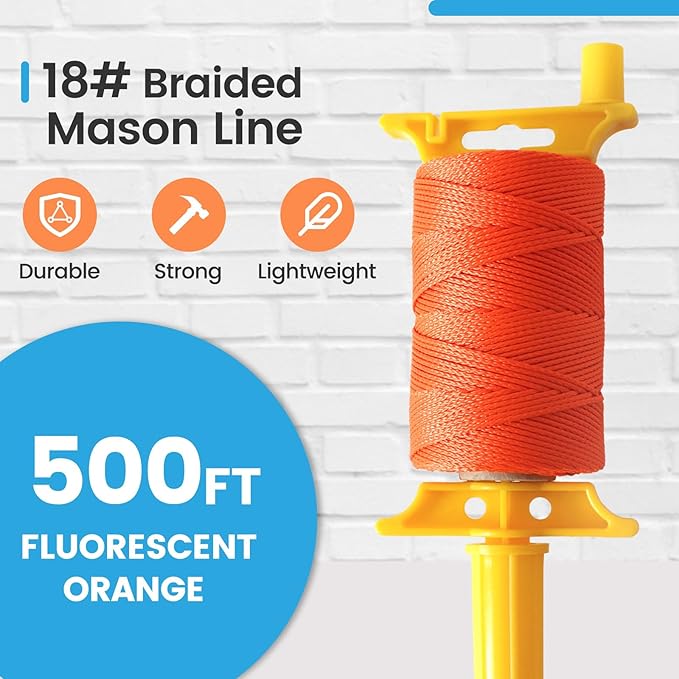MERIANE Mason Line w/Reloadable Line Reel, 500FT Nylon String Line, 18# Braided Twine String for Masonry Job, Level Lines in Construction, Gardening, Fluorescent Orange
