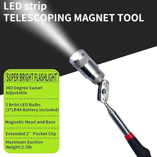 Telescoping Magnetic Pickup Tool Set, 2Pcs Round and Square Inspection Mirror Telescoping with LED Lights, 2Pcs Magnet Stick Best Gadgets Gifts for Men (Black, 6 Pack)