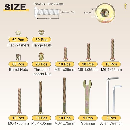 METALLIXITY Crib Screws Replacement Set(M6-1x25/35/45/55/65/75mm) 253Pcs, Carbon Steel Hex Socket Cap Screws with Nuts Washers and Tools for Chair Table Cabinets Furniture, Yellow